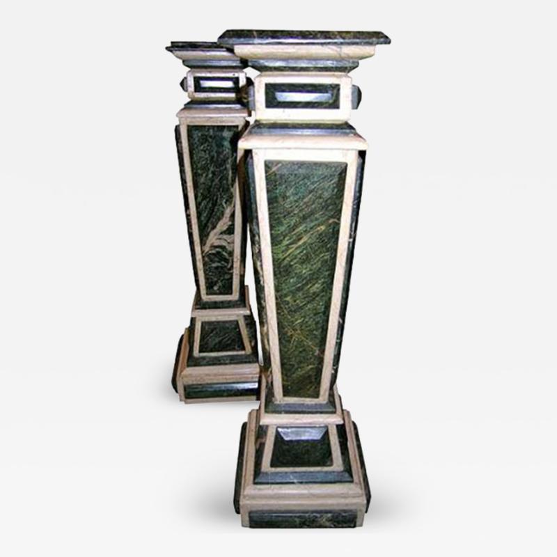 A Pair of Baroque Style Green and White Marble Pedestals