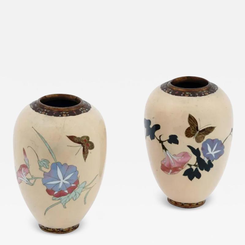 A Pair of Barrel Shaped Japanese Meiji Cloisonne Enamel Butterfly Vases