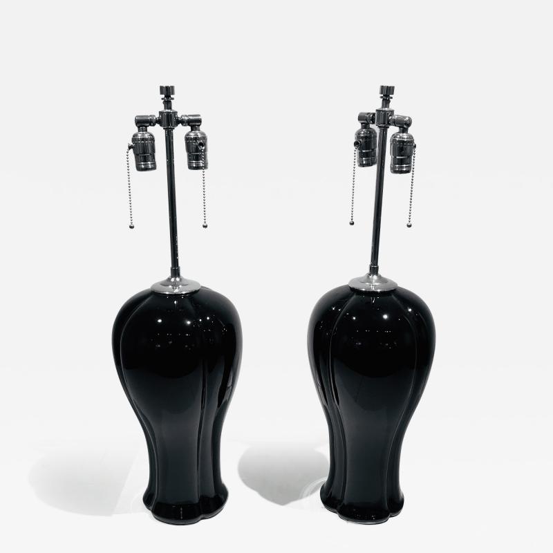 A Pair of Black Ceramic Nickel Table Lamps