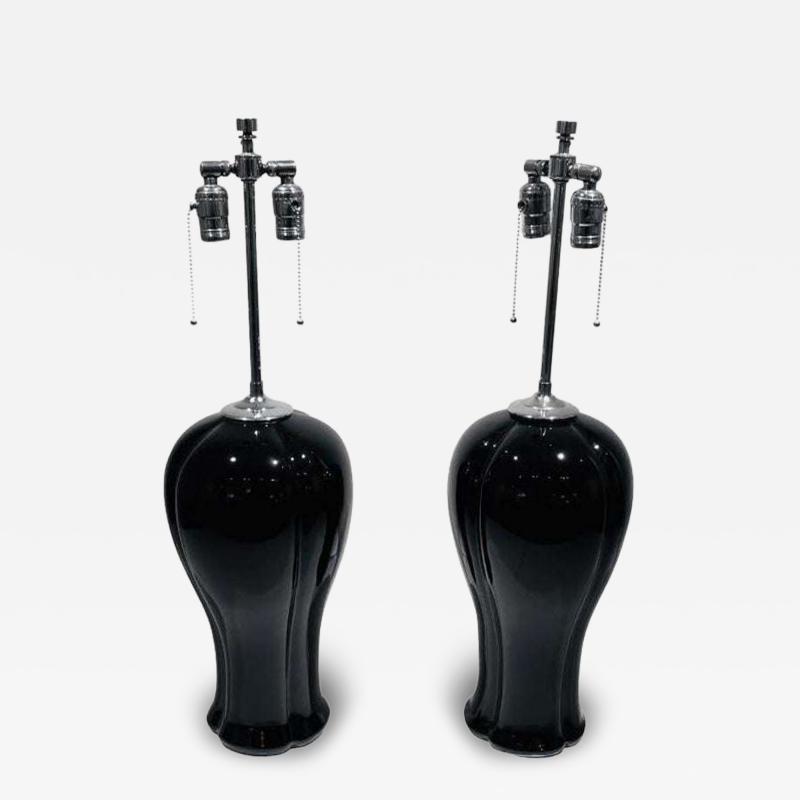 A Pair of Black Ceramic Nickel Table Lamps