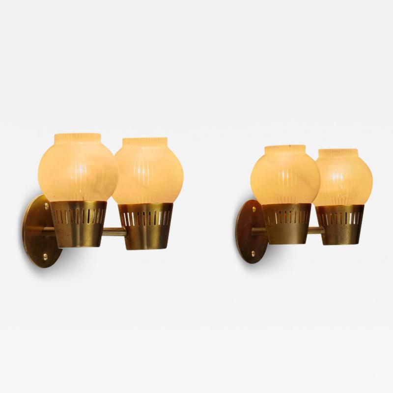 A Pair of Brass and Opal Glass Wall Lamps Scandinavia ca 1960s