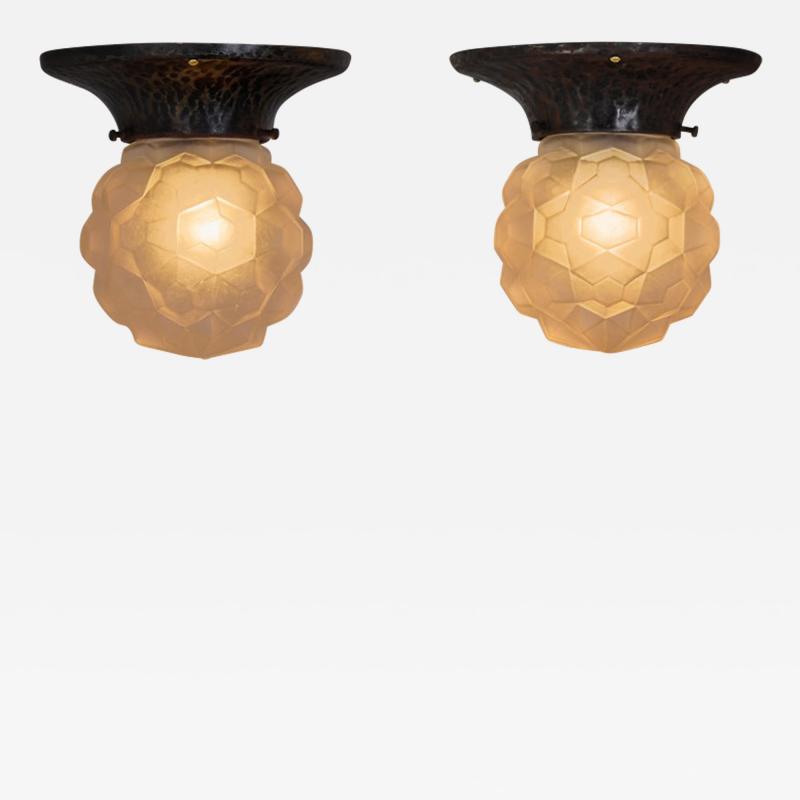 A Pair of Copper and Frosted Glass Ceiling Lamps Europe Early 20th Century