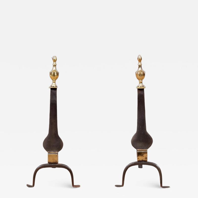 A Pair of Federal Knife Blade Andirons with Brass Details