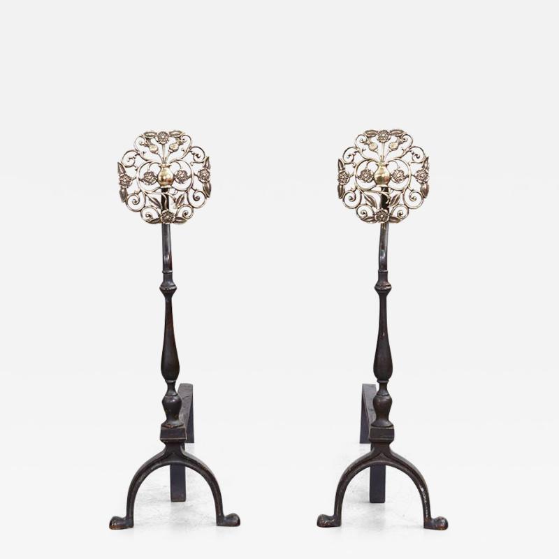 A Pair of Filigree Brass Rosette Andirons