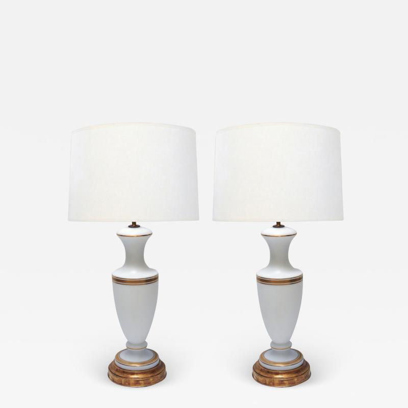 A Pair of French 1960s White Frosted Glass Lamps with Gilt Highlights