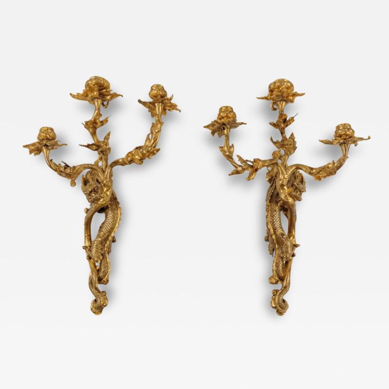 A Pair of French Japonisme Three Light Dragon Bronze Wall Appliques Lievre