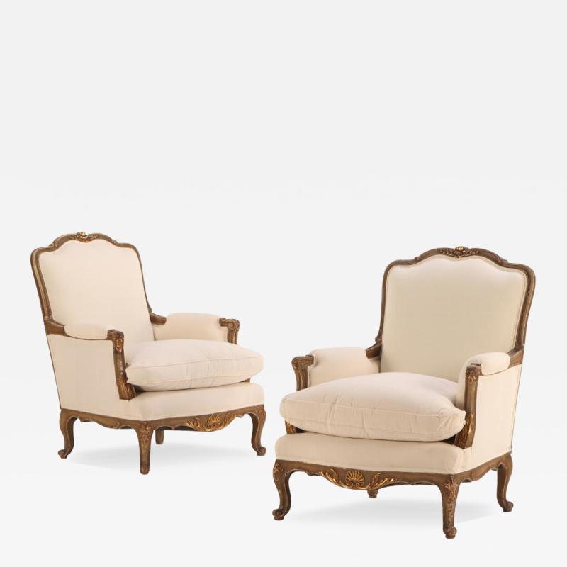 A Pair of French Louis XV style painted and giltwood bergere chairs C 1940 