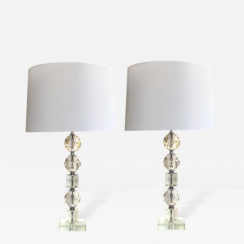 A Pair of French Mid Century Stacked Faceted Crystal Lamps