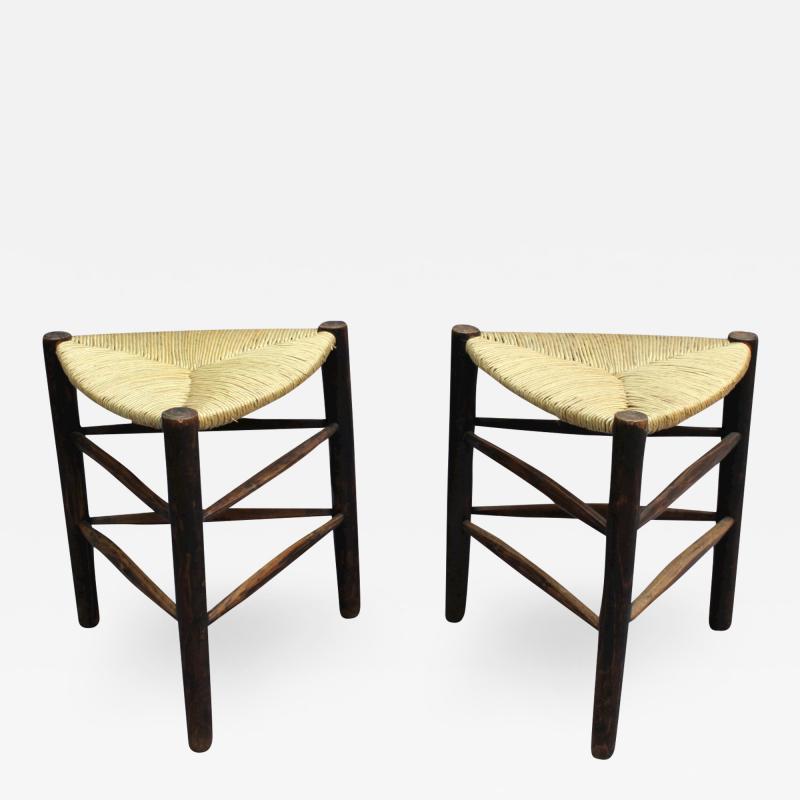 A Pair of French Mid Century triangular stools with rush seats