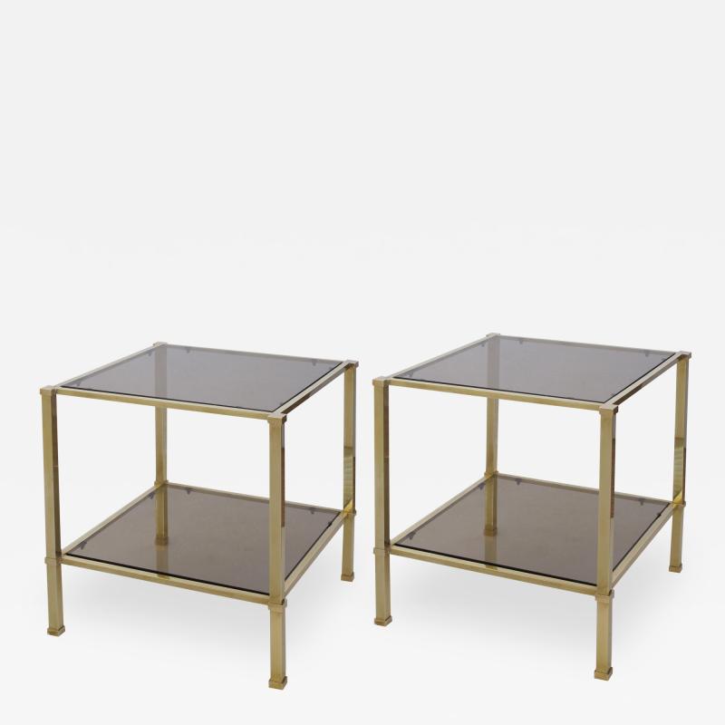 A Pair of French Solid Brass and Smoked Glass Square Side Tables