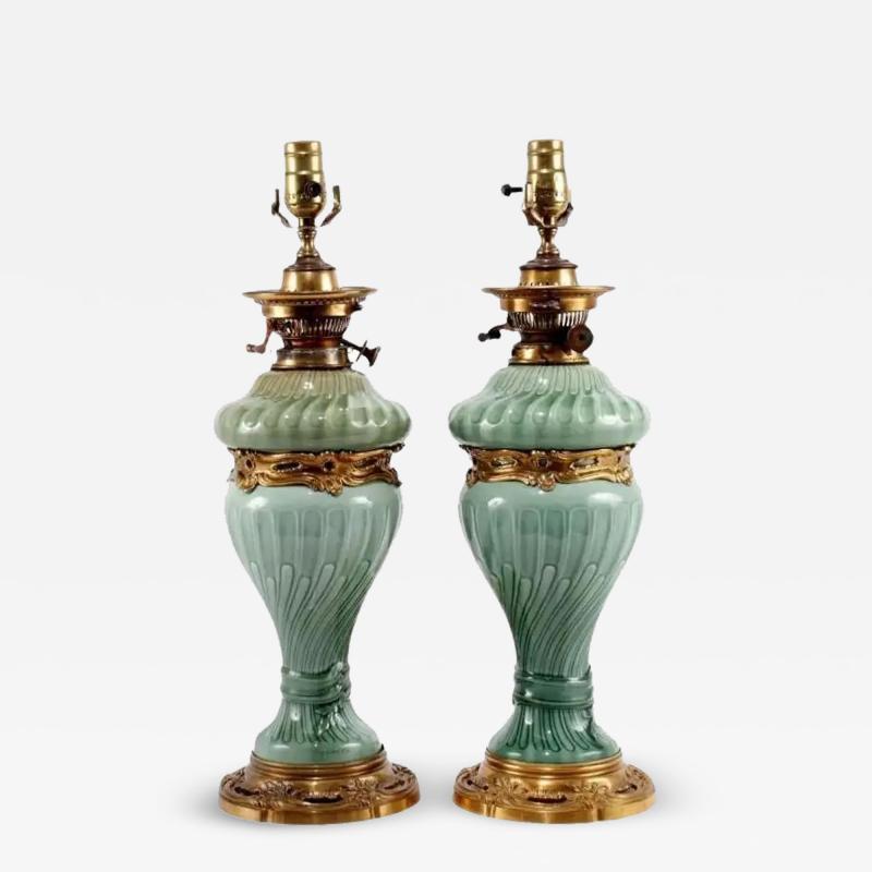 A Pair of French Theodore Deck Ormolu Mounted Celadon Porcelain Lamps