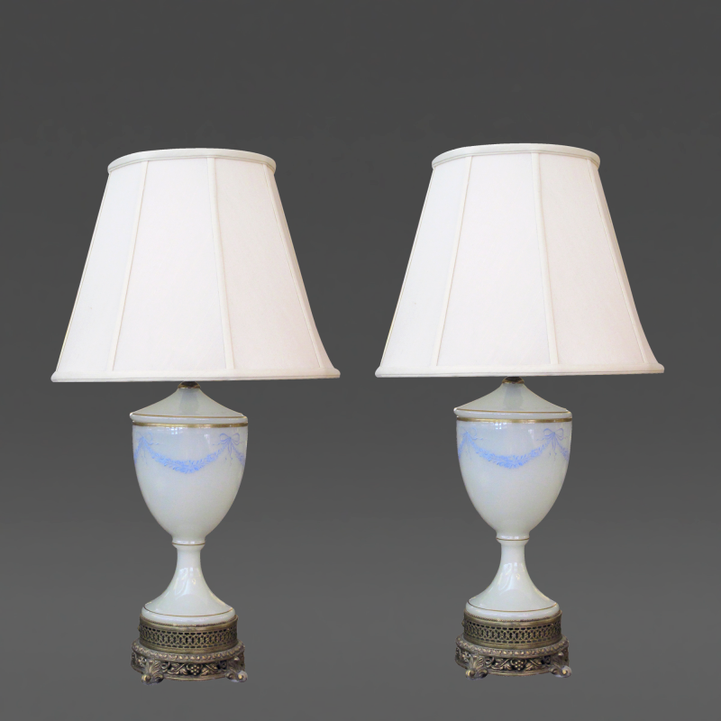 A Pair of French White Opaline Lamps with Hand Painted Garland