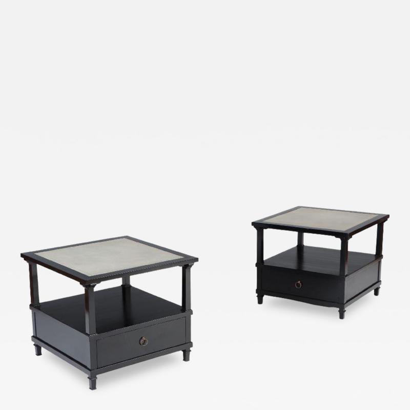A Pair of French ebonized leather top end tables with drawer Circa 1950