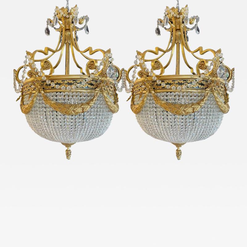 A Pair of Gilt Bronze Louis XVI Style Ballroom Chandeliers Crystal Rewired