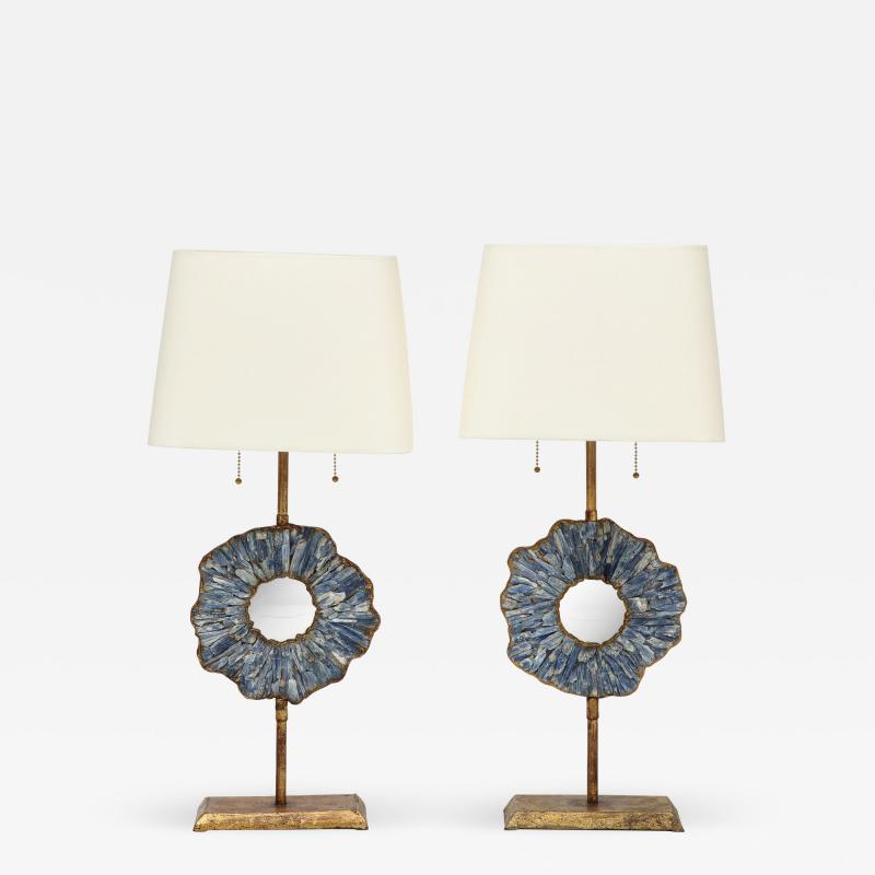 A Pair of Gilt Iron Table Lamps with Convex Mirrors