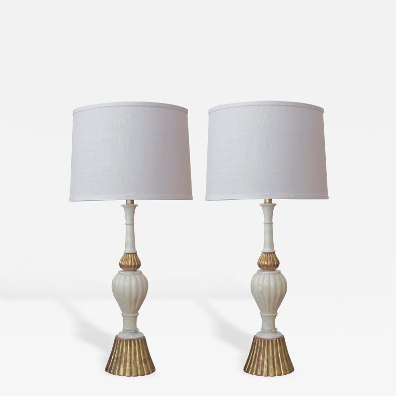 A Pair of Italian 1950s Carrara Marble Lamps with Gilt Wood Mounts