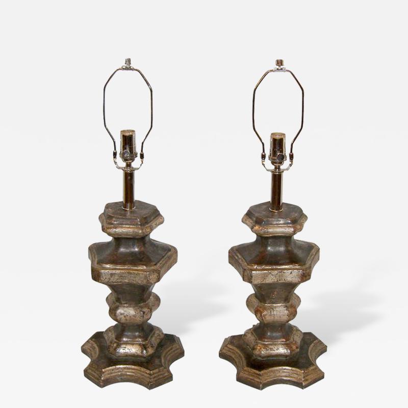 A Pair of Italian Silvered Wood Candle Pedestals as Table Lamps