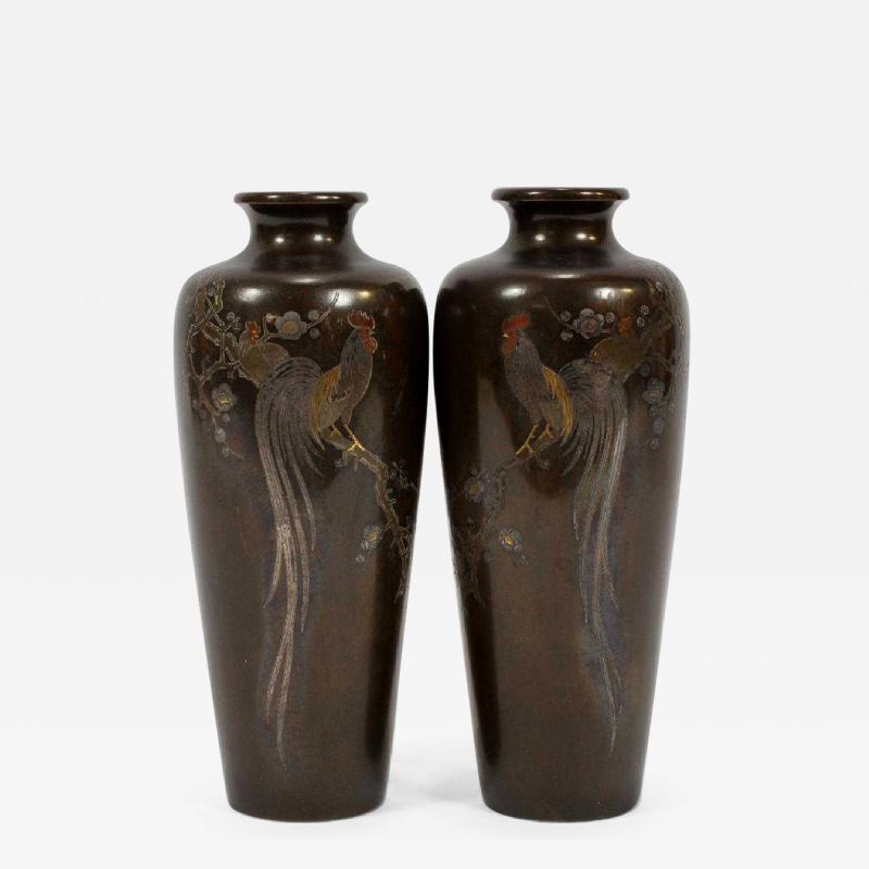 A Pair of Japanese Bronze Vase with Metal Inlays by Mitsufune