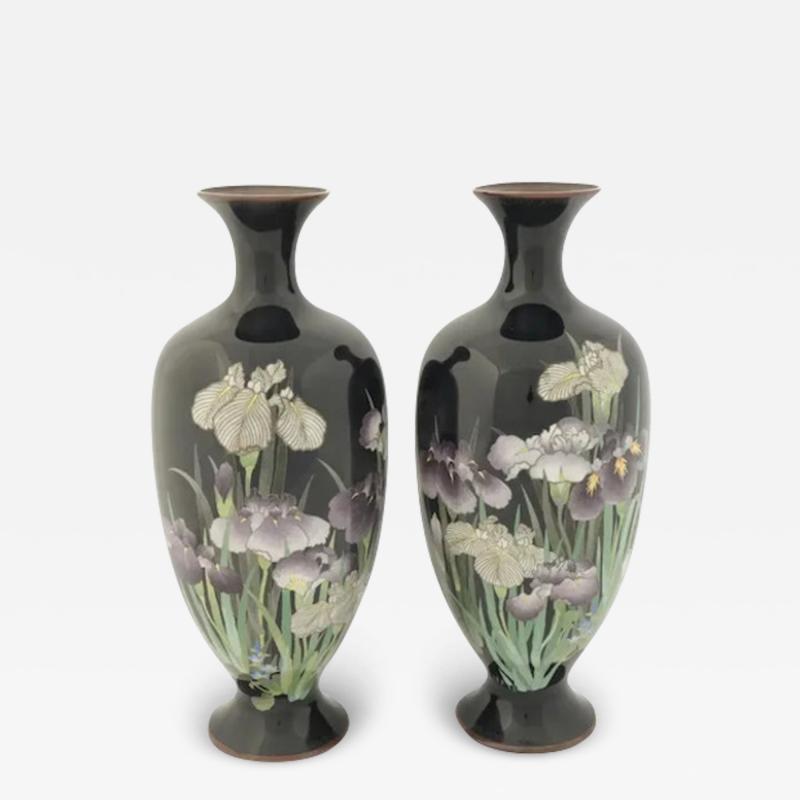 A Pair of Large Meiji Japanese Cloisonne Enamel Vases with Iriss