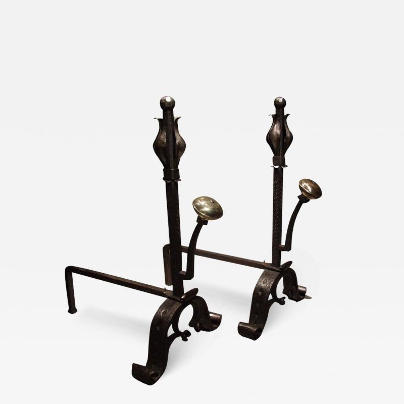 A Pair of Large and Substantial Wrought Iron Tulip Andirons