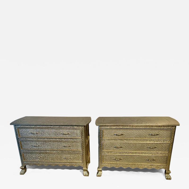 A Pair of Middle Eastern Repousse Covered 3 Drawer Chests 1960s