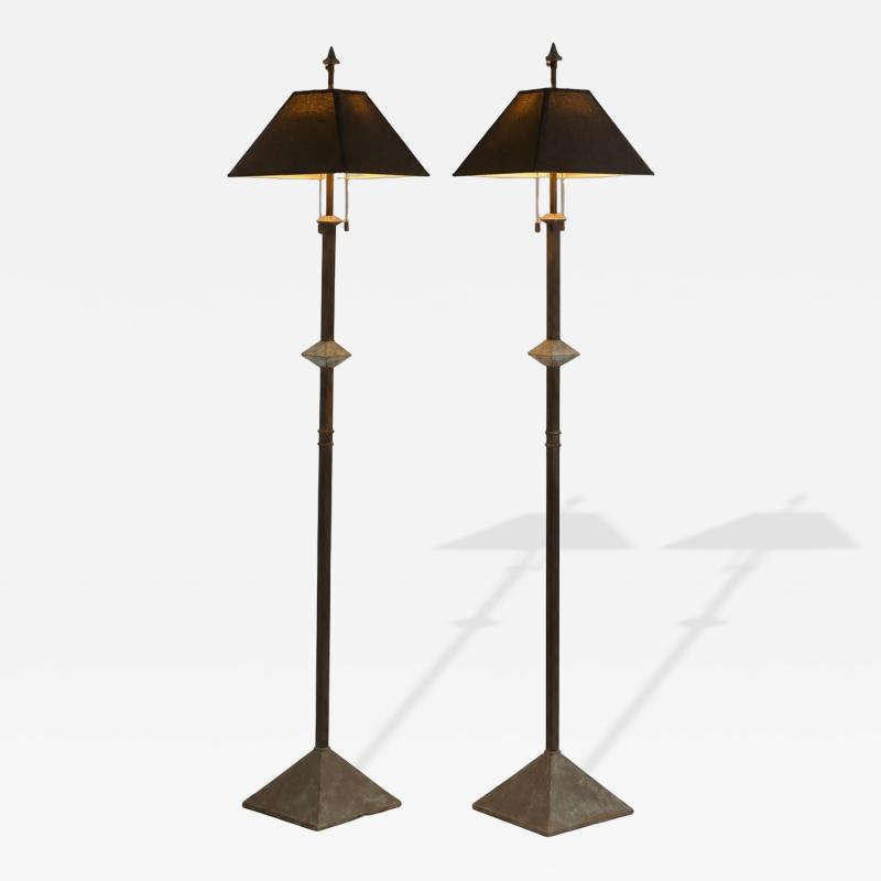 A Pair of Modernist Patinated Bronze Geometric Floor Lamps