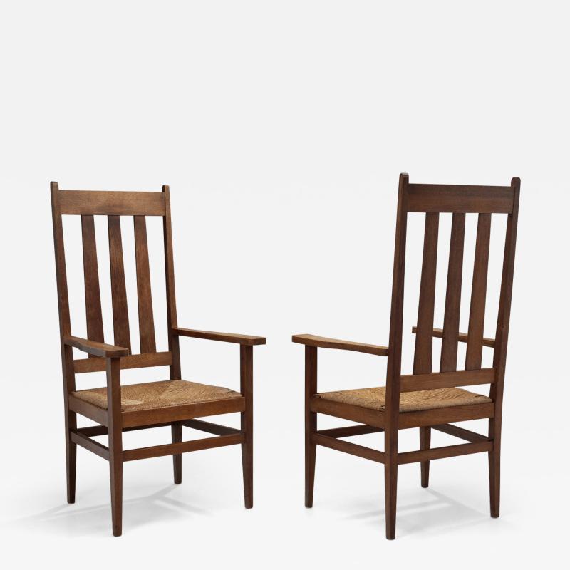 A Pair of Oak and Woven Rush High Back Armchairs France 1940s