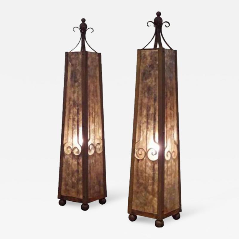 A Pair of Obelisk Shaped Table Lamps in Mica and Wrought Iron