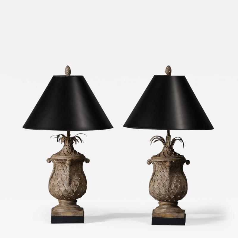 A Pair of Plaster Pineapple Form Lamps on Ebonized Bases with Pineapple Finial