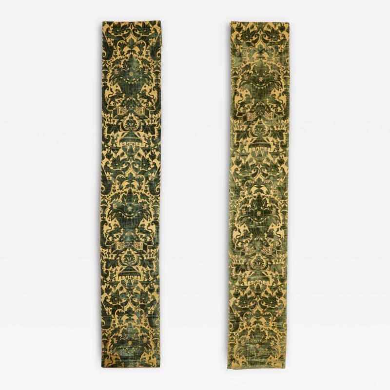 A Pair of Rare Genoese Green Cut Velvet Wall Hangings c 1580