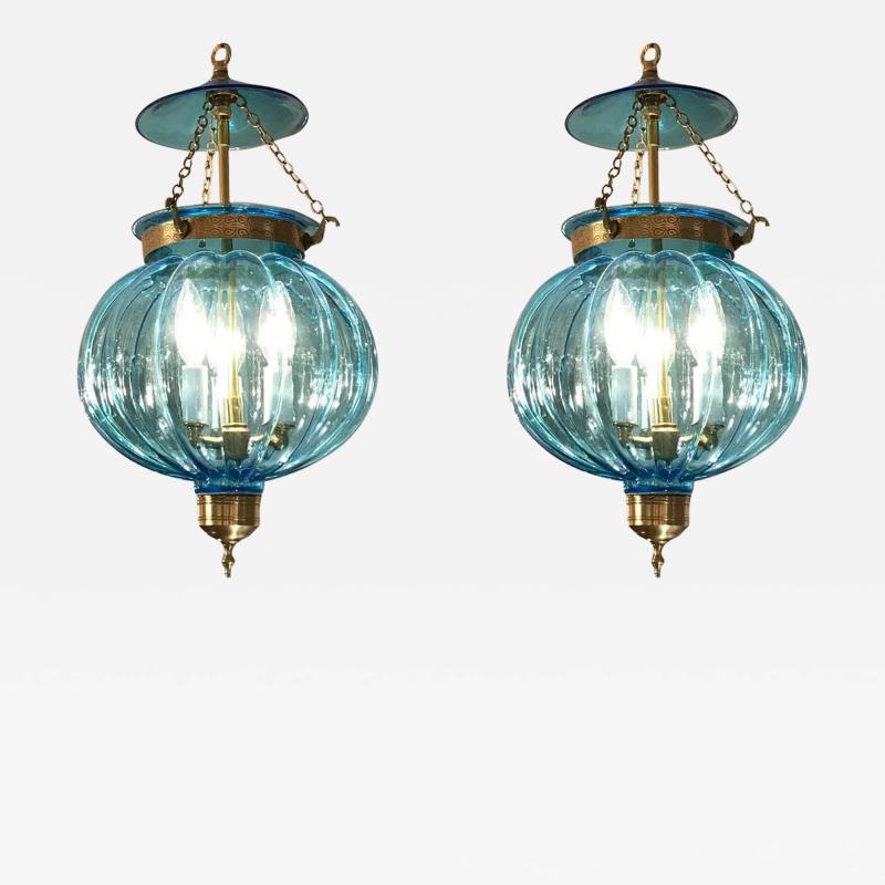 A Pair of Sky Blue Bell Jar Pendant Lights 