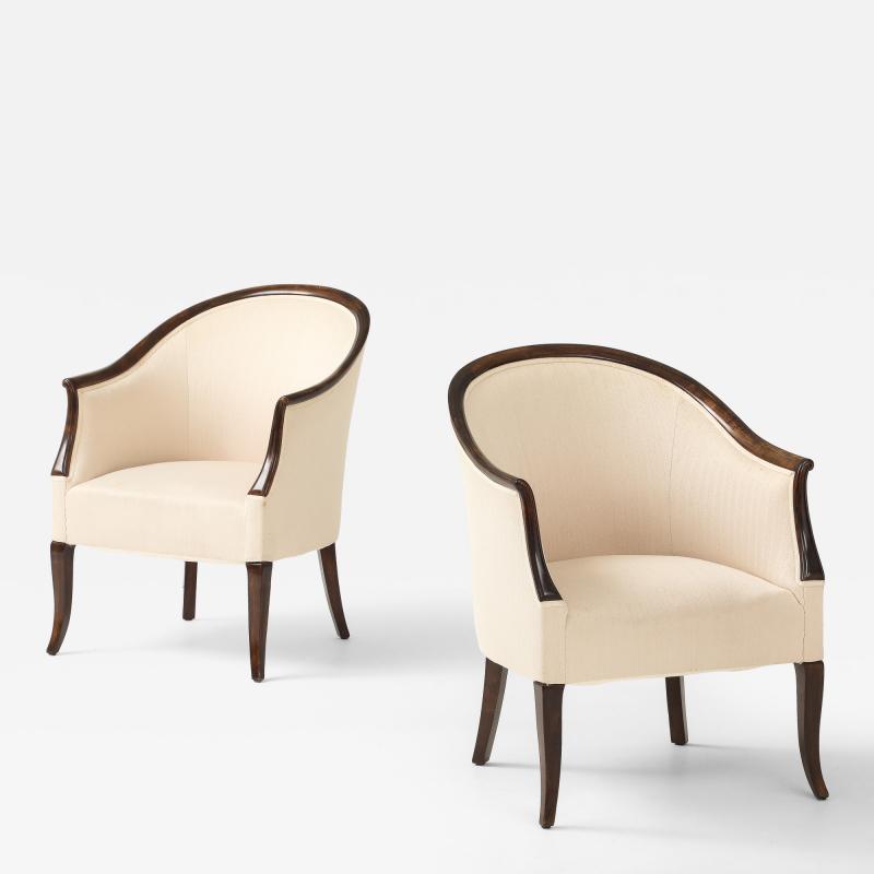 A Pair of Swedish Stained Birch Barrel Back Armchairs Circa 1940s