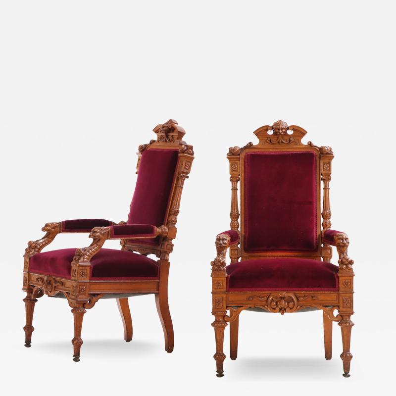 A Pair of Victorian Substantially Carved Oak Armchairs C 1870 