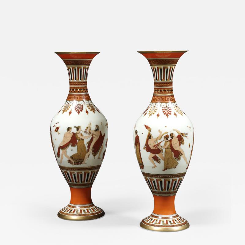 A Pair of White Opaline Glass Polychrome Enamel Vases In The Etruscan Style