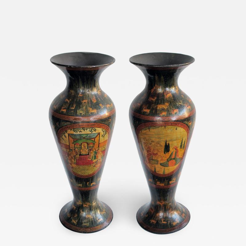 A Rare Pair of Kashmiri Indo Persian Lacquered Copper Vases