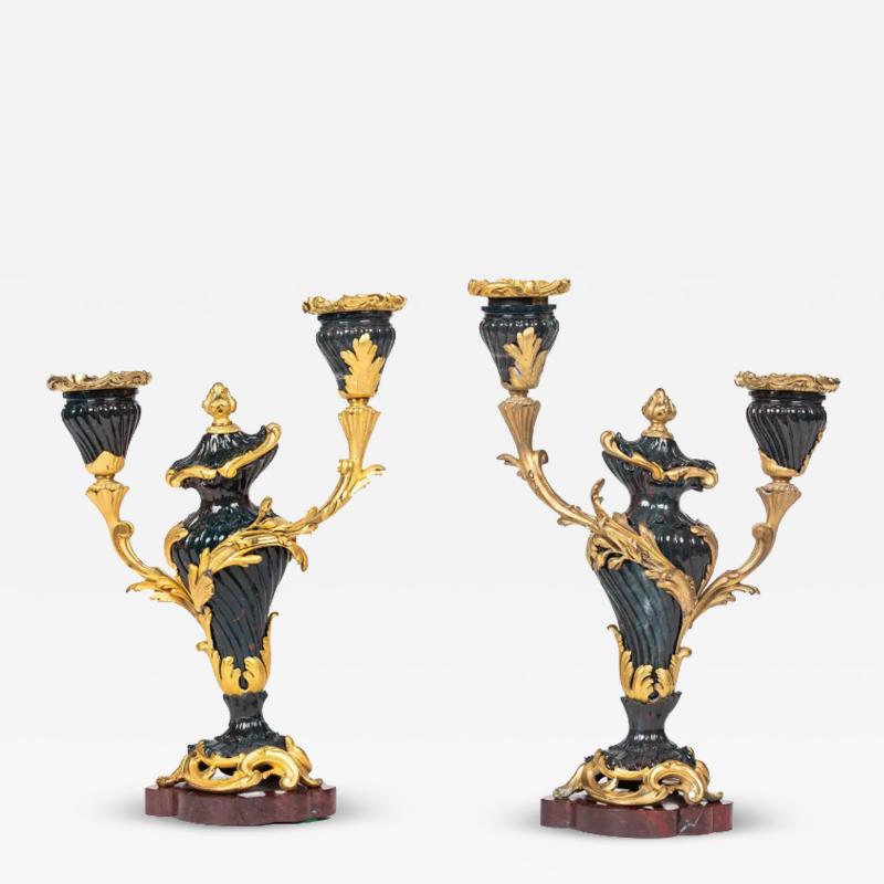 A Rare and Exquisite Pair of Ormolu Mounted Bloodstone Two Light Candlesticks