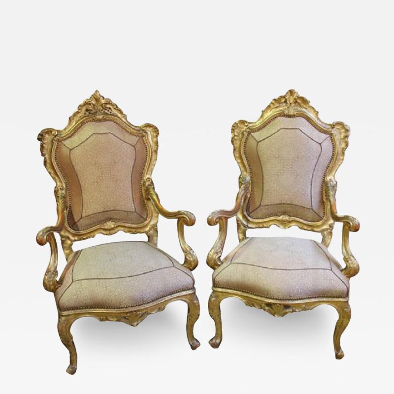 A Regal Pair of 18th Century Carved Giltwood Italian Louis XV Armchairs