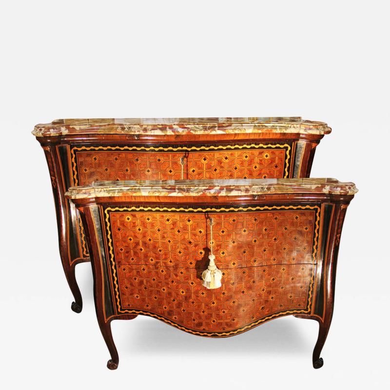 A Remarkable Pair of 18th Century Italian Parquetry Arbalette Commodes