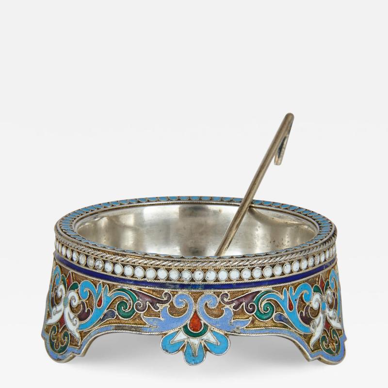 A Russian silver gilt and cloisonn enamel open salt and spoon