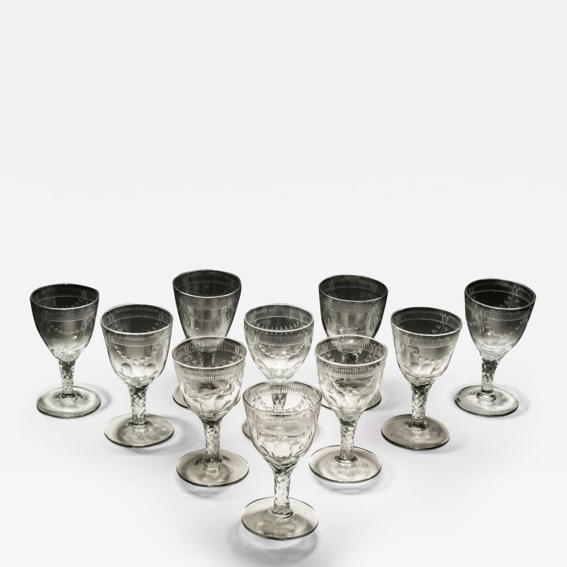 A SET OF TEN ENGRAVED FACET STEM CONTINENTAL GOBLETS