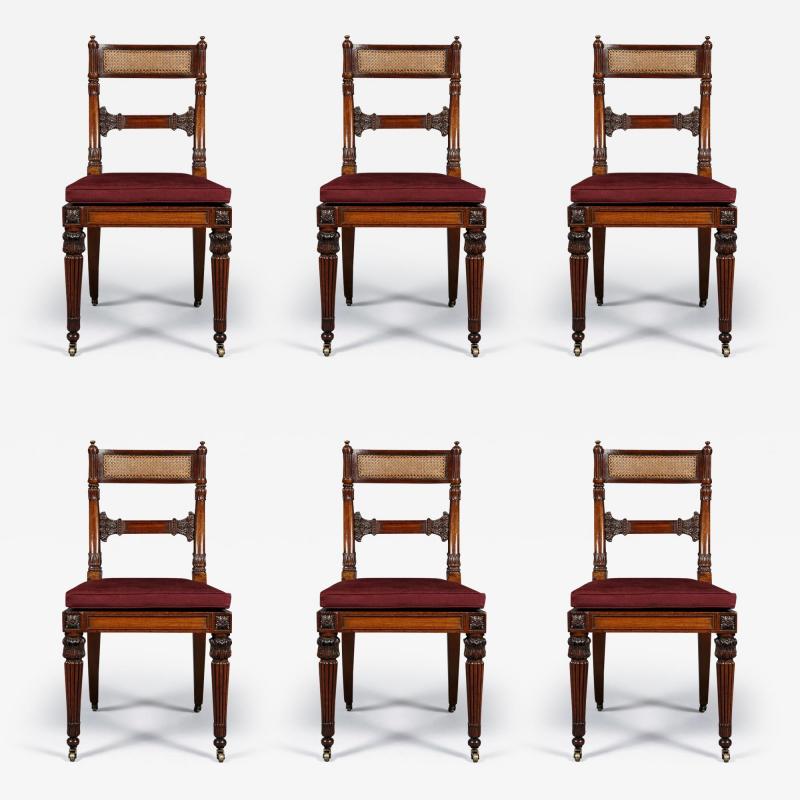 A SUPERB SET OF SIX REGENCY CARVED MAHOGANY SIDE CHAIRS