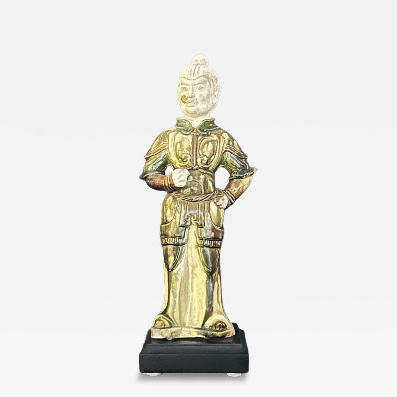 A Sancai Glazed Guardian Figure with Breast Plates and Biscuit Head 
