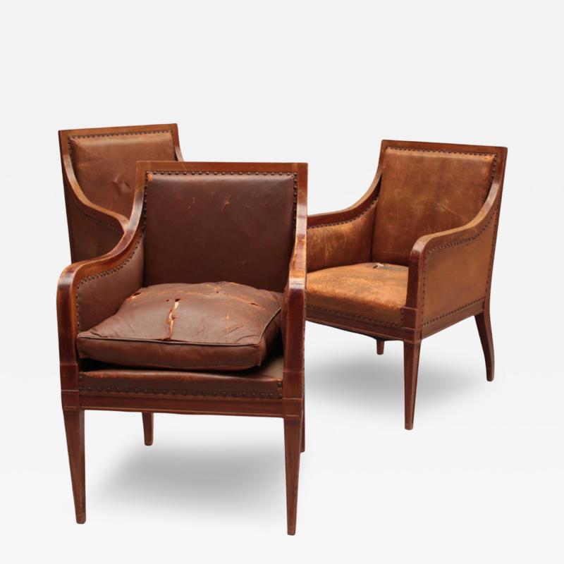 A Set of 3 Fine French 1930s Office Armchairs 1 desk chairs and 2 Visitors