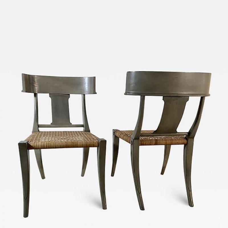 A Set of 4 Swedish Neoclassic Grey Painted and Rush Seat Klismos Chairs