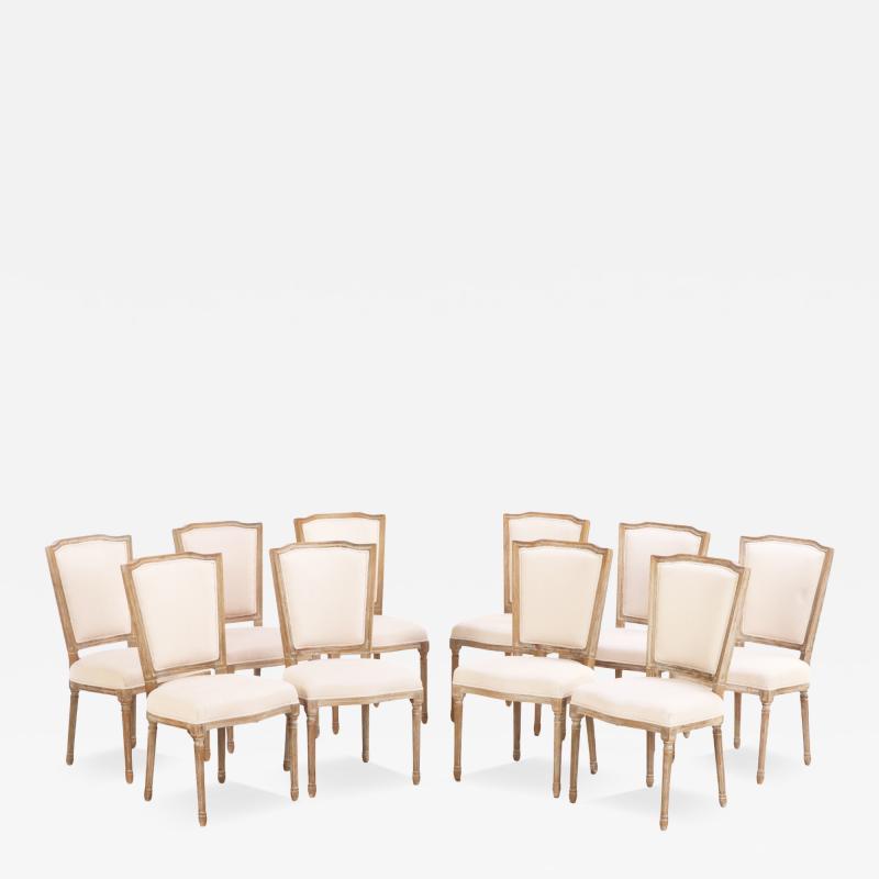 A Set of Ten Modern Louis XVI Style Cerused Wood Dining Chairs 