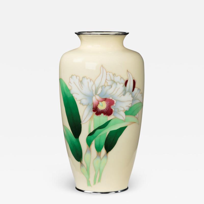 A Showa period tall cream ground cloisonne vase