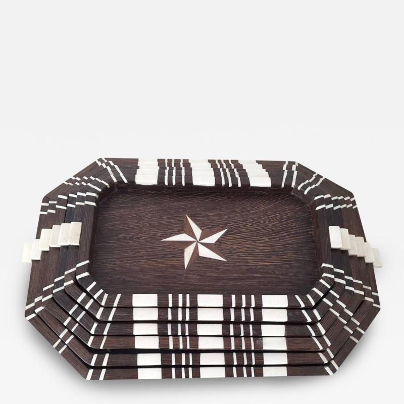 A Stack of Six Antique Wood Trays with Bone Inlays