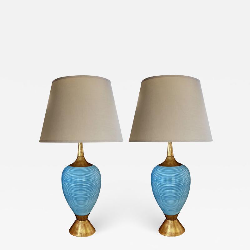 A Striking Pair of American Mid Century Light Blue Ovoid Ceramic Lamps