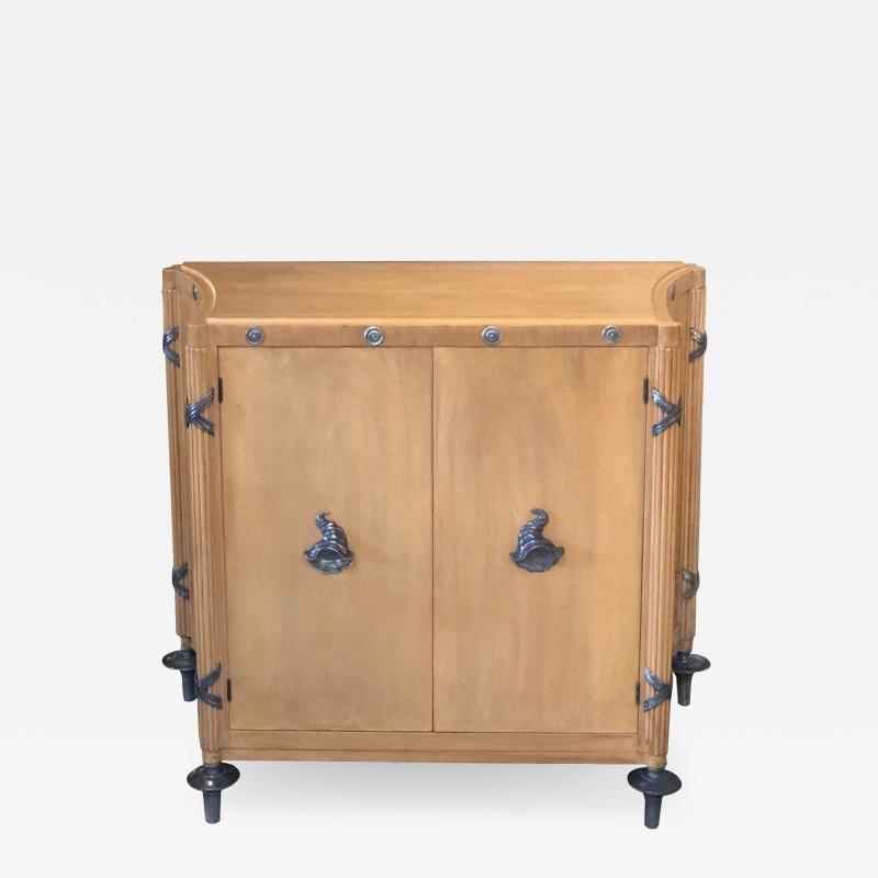 A Stylish French 1940s Sycamore 2 Door Cabinet with Pewter Mounts