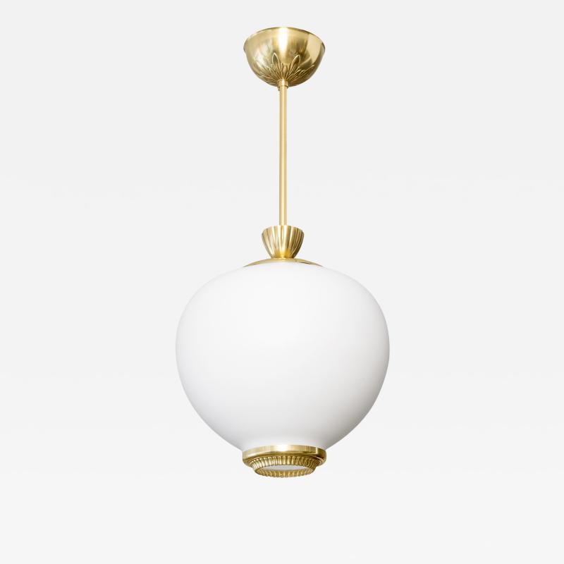 A Swedish mid century pendant with white satin glass shade and polished brass 